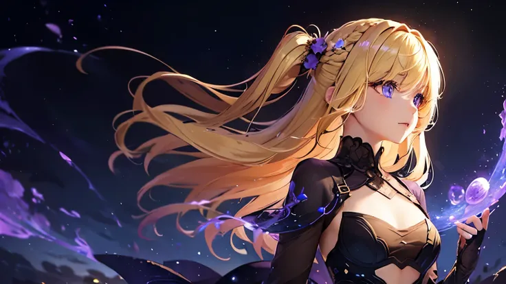 1girl,sense of deps,disorganized,catch light,Super beautiful illustrations,((beautiful blonde,Two Side Up Hairstyles:1.3)),((Purple,beautiful eyes:1.2)),;D,beautiful and delicate flowing hair,emphasized chest,night sky,Meteors