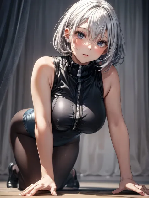 highest quality、complete limbs、full finger、one beautiful woman、((Woman with silver hair:1.4))、very short hair、big breasted woman:1.6、((Woman wearing dark gray high neck sleeveless leotard with zipper:1.3))、woman wearing brown pantyhose、crawl on all fours