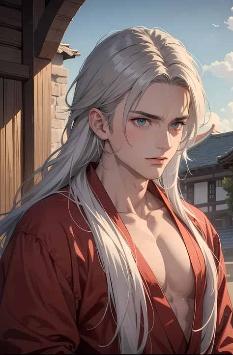  1guy, crimson dragon man with masculine features, long white hair, yukata, heterochromic eyes, white and red tetradic colors, perfect anatomy, 8k resolution, (Single person), masterpiece, perfectly drawn face, intricate details, castle detailed background...