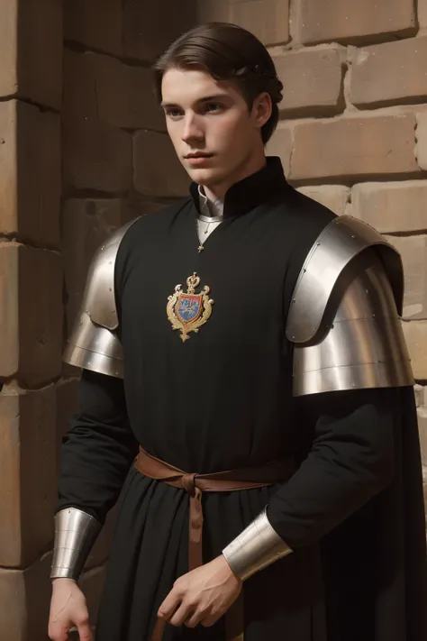 England, 1327. A young ((((24-year-old)) Thomas of Langley)), knight, handsome, tall, stern, injured, at the monastery, ((pain expression)). ((((clothings from the 1300s)))), ((dark hairstyle of the 1300s))