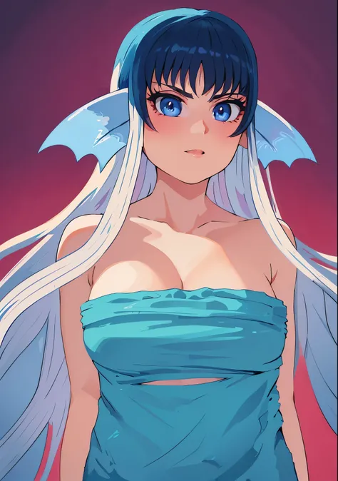 8K,high quality,anime,married woman,beautiful,clean,bright,highlights in eyes,sexy,super big tits,oversized ,erotic,nude,beautiful line drawing. Blue skin, blue and orange gradient ear fins, black hair color, high quality, in bath towel,