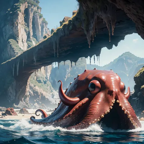 (8K, highest quality, masterpiece:1.2), (realistic, realistic:1.37), A large octopus stretching its tentacles in a cave cove.