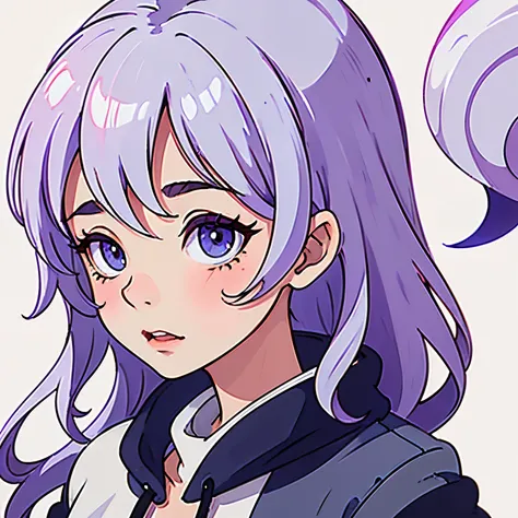 Cute anime girl with bangs and wavy, light purple hair, light blue eyes