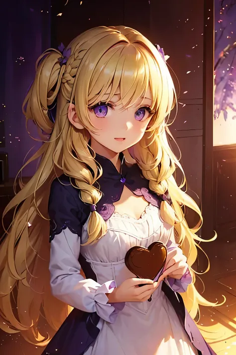 1girl,sense of deps,disorganized,catch light,Super beautiful illustrations,(chocolate,heart,Hold in hand),valentine&#39;s day,((beautiful blonde,Two Side Up Hairstyles:1.3)),((Beautiful purple eyes:1.2)),;D,beautiful and delicate flowing hair,emphasized ch...