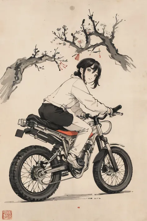 (masterpiece, best quality: 1.2), Chinese traditional ink painting, riding bikes