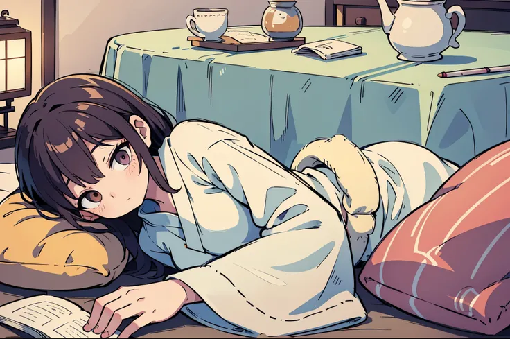 A cozy scene in a room with a slight warmth, where a person is lying down and enjoying the comfort of a kotatsu (a traditional Japanese heated table). The person is holding a cup of tea or coffee in a mug, creating a sense of relaxation. The room is illumi...