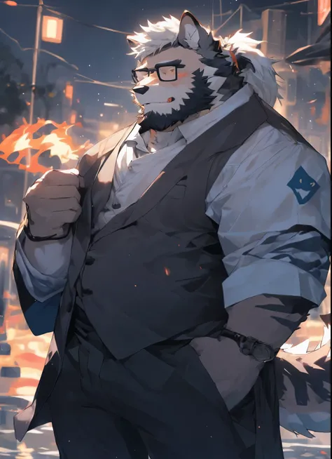 hairy，（（Wolf，Black-rimmed glasses，orange fire jacket）），beard，Hair is a long ponytail，long tail，white fur，male，Common，full-body shot，dynamic poses，giggle，rainy day，night，dark night，Detailed background，极其lifelike阴影，masterpiece，Very detailed，lifelike