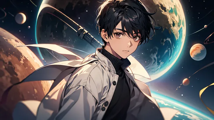 (detailed image) young black hair boy with very short hair looking at the planets