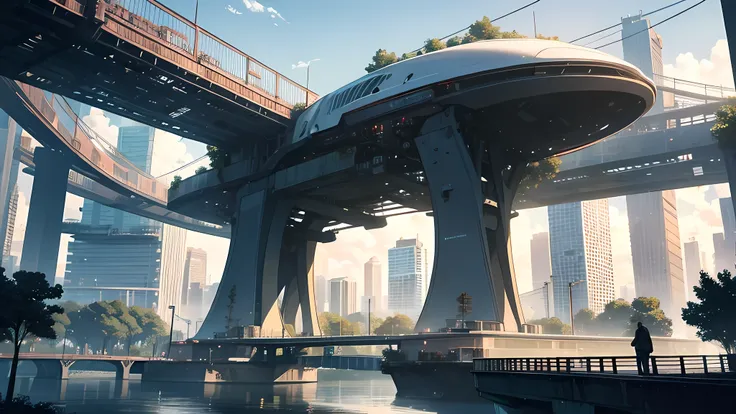 The city of the future，In the daytime，Clouds，big trees，The buildings are connected by bridges，Bustling city streets，Everywhere there are people walking and cycling。The streets are lined with high-rise buildings，Creates a futuristic atmosphere。Robots and th...