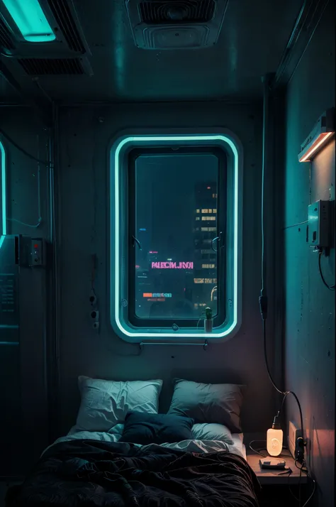 a bedroom, neon lights, dim light, futuristic, orange light, cable, electricity, ornate, detail, windows with skyscrapers, science fiction, blue purple neon, 