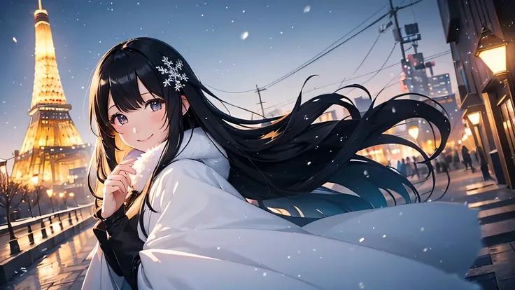 Create a widescreen image of a winter-themed anime girl. she has been for a long time, black hair decorated with star decorations. in the background, Tokyo Tower can be clearly seen, Adding to the urban winter atmosphere. The scene is night, And she&#39;s ...