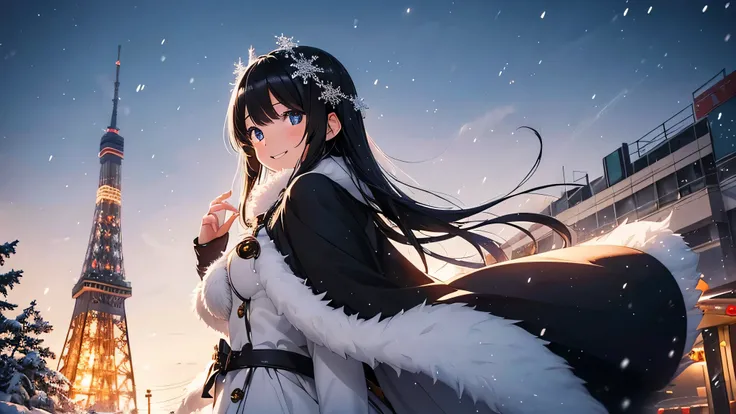 Create a widescreen image of a winter-themed anime girl. she has been for a long time, black hair decorated with star decorations. in the background, Tokyo Tower can be clearly seen, Adding to the urban winter atmosphere. The scene is night, And she&#39;s ...