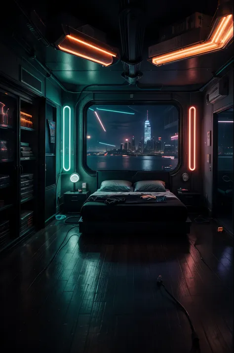 a bedroom, neon lights, dim light, futuristic, orange light, cable, electricity, ornate, detail, windows with skyscrapers, scien...