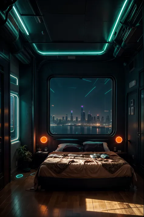 a bedroom, neon lights, dim light, futuristic, orange light, cable, electricity, ornate, detail, windows with skyscrapers, science fiction, blue purple neon, A futuristic house on the edge of the beach
