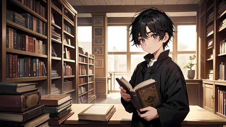 The little boy with black hair read intently，The face was full of excitement and curiosity。The large bookshelves around are lined with old books，The air smells of dust and history。perfect face, perfect body