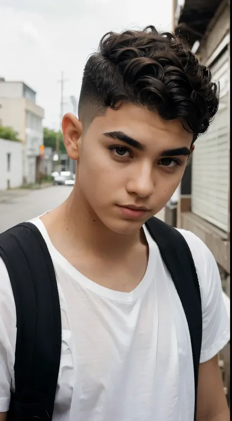 Boy thick eyebrows haircut low fade White with black stripe  shirt curly hair 17 years old eyebrows Low fade haircut curly hair 