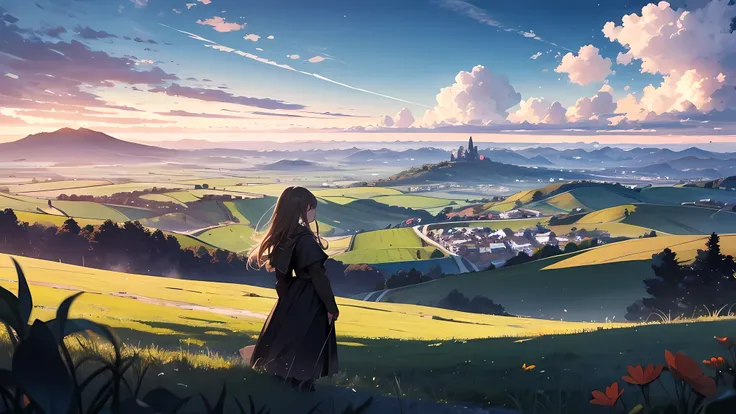 Vast landscape photos、Girl standing on the prairie looking up at the sky、You can see medieval European castles in the distance, perfect body