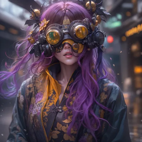 3679 bc cyberpunk year（masterpiece，hd，超hd，32k lotus root starch）bright purple flowing hair，autumn pond， lotus root starch color，...