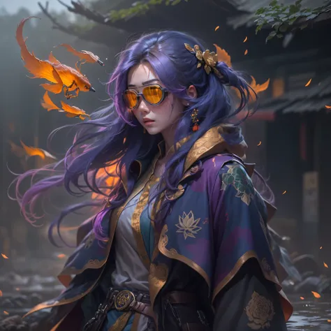 3679 bc cyberpunk year（masterpiece，hd，超hd，32k lotus root starch）bright purple flowing hair，autumn pond， lotus root starch color，...