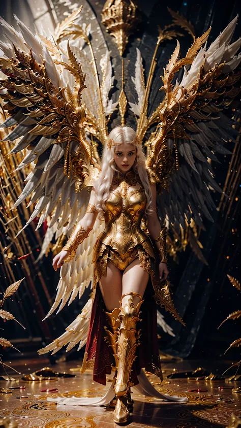 it depicts a beautiful woman flying full body with large wings in intricate red and gold armor. the armor is highly detailed and...