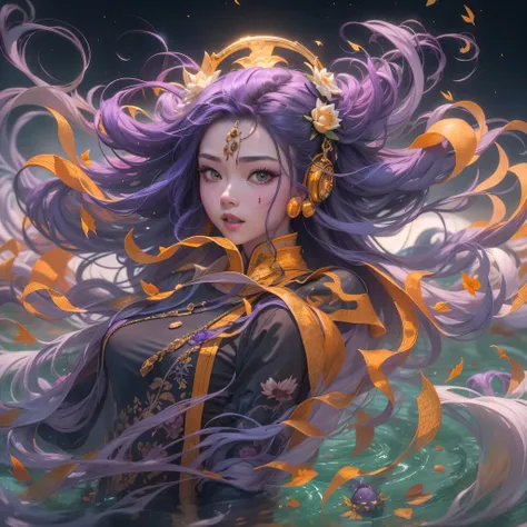 3679 bc cyberpunk year（masterpiece，hd，超hd，32k lotus root starch）bright purple flowing hair，autumn pond， lotus root starch color，...