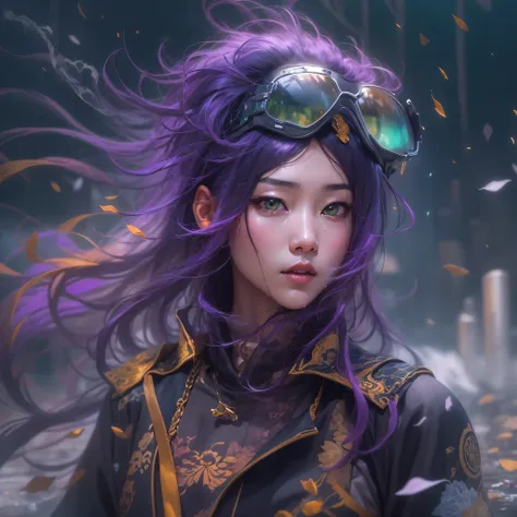 3679 bc cyberpunk year（masterpiece，hd，超hd，32k lotus root starch）bright purple flowing hair，autumn pond， lotus root starch color，...