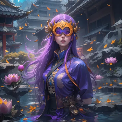 3679 bc cyberpunk year（masterpiece，hd，超hd，32k lotus root starch）bright purple flowing hair，autumn pond， lotus root starch color，...