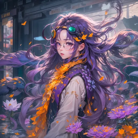 3679 bc cyberpunk year（masterpiece，hd，超hd，32k lotus root starch）bright purple flowing hair，autumn pond， lotus root starch color，...