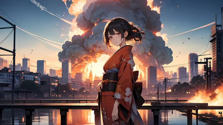 A beautiful Japanese woman, standing on a bridge, she is wearing a silk RED kimono she is sad, the sky is blue, a city in the distance on fire, (atomic Bomb Explosion in the sky) (portrait view) "Big explosion, perfect eyes, perfect body
