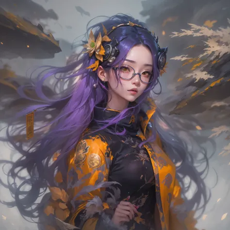 3679 bc cyberpunk year（masterpiece，hd，超hd，32k lotus root starch）bright purple flowing hair，autumn pond， lotus root starch color，...