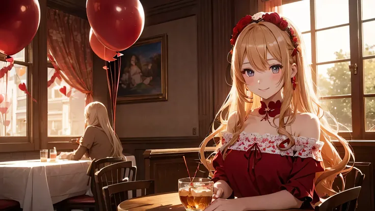 anime style girl with long hair, wavy blonde hair, Decorated with red hair accessories. she has sparkling eyes and a kind smile, wearing red, Off-the-shoulder top with delicate lace and flower decorations. The girl is sitting at a table in a cafe, Heart-sh...