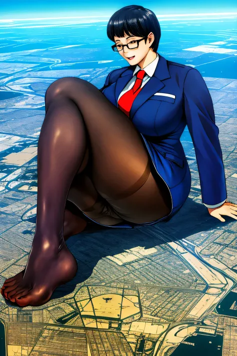 Futanari, Giantの芸術, 非常に詳細なGiantショット, Giant, short hair, A high school girl who is much bigger than a skyscraper, wearing rimless glasses, big breasts, big ass, navy blue blazer, red tie, mini skirt, black pantyhose, pantyhose barefoot, Steam comes out from...