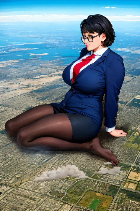 Futanari, Giantの芸術, 非常に詳細なGiantショット, Giant, short hair, A high school girl who is much bigger than a skyscraper, wearing rimless glasses, big breasts, big ass, navy blue blazer, red tie, mini skirt, black pantyhose, pantyhose barefoot, Steam comes out from...