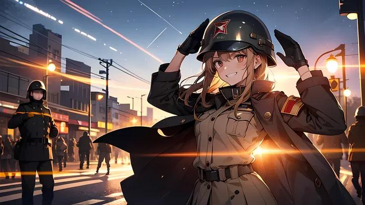 A girl in military uniform，Rifle in hand，grinning smile，Shy，Warm street lights，down town，Superskirt，Saluting，Wear a steel helmet，The steel helmet has a solid red five-pointed star，Long legs are exposed，Shooting stars dart across the sky，Behind him, riot SW...