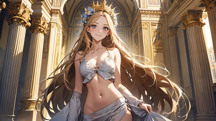 Best quality, high key_resolution, diverse_image, Detailed background,Girl,(Chateau de Versailles, Pisa Baptistery Of St. John background, Flowers,navel,crowd people),random wear,Dutch angle, wide-shot,Shy smile, perfect face, perfect body