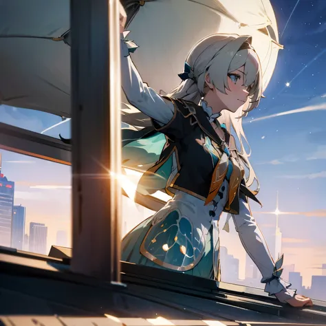 collapsed star dome railway, liuying and, anime girl, long gray hair, on the rooftop