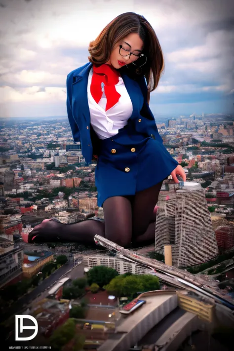 Futanari, Giantの芸術, 非常に詳細なGiantショット, Giant, short hair, A high school girl who is much bigger than a skyscraper, wearing rimless glasses, big breasts, big ass, navy blue blazer, red tie, mini skirt, black pantyhose, pantyhose barefoot, Steam comes out from...