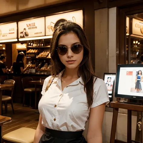 masterpiece, best quality, CocoliaV5, 1girl, solo, ((waitress)), restaurant, sunglasses, 