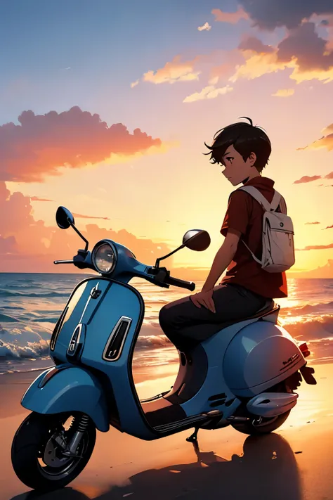 boy and vespa looking back seeing sunset on beach