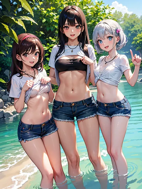 ((highest quality)), ((masterpiece)), (pretty girl), (3 girls:1.3), cute three girls are posing for a camera outdoors in the water, shirtをつかむ, stand side by side, (Close-up shot from the knee:1.3), perfect face, smile, (open your mouth and smile:1.3), emba...