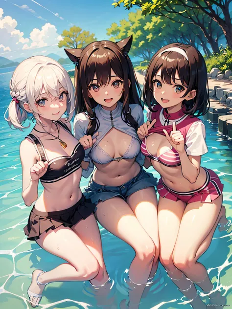 ((highest quality)), ((masterpiece)), (pretty girl), (3 girls:1.3), cute three girls are posing for a camera outdoors in the water, shirtをつかむ, stand side by side, (Close-up shot from the knee:1.3), perfect face, smile, (open your mouth and smile:1.3), emba...