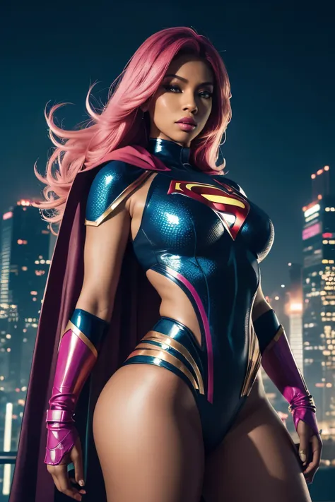 (best quality,4k,8k,highres,masterpiece:1.2),ultra-detailed,(realistic,photorealistic,photo-realistic:1.37),Nicki Minaj as a superhero,colorful,portrait,neon lighting,dynamic pose,confident expression,vibrant costume,futuristic cityscape,strength,empowerme...