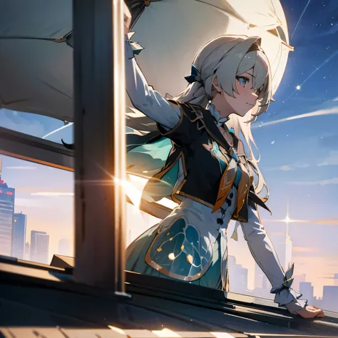 Collapsed Star Dome Railway, Liu Yinghe, anime girl, long gray hair, on the roof