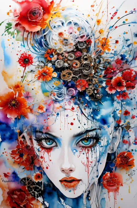 abstract steampunk girl monster,angerで黄色に光る目、 fantastic flower garden, red and blue, watercolor crazy painting on white canvas, become familiar with, Fine touch, A true masterpiece watercolor painting, splash of water、masterpiece、highest quality、fear、anger...