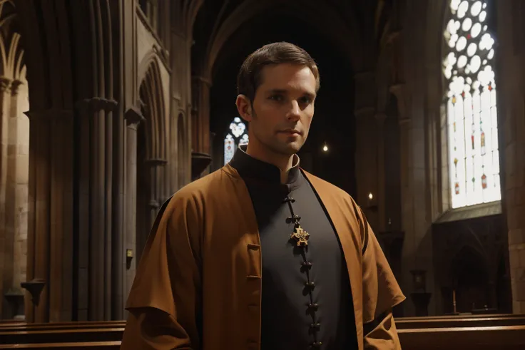 England, 1327. A young ((((34-year-old)) Thomas of Langley)), handsome, tall, stern, monk inside a cathedral, ((smug expression)). ((((monk clothings from the 1300s)))), ((monk dark hairstyle of the 1300s))