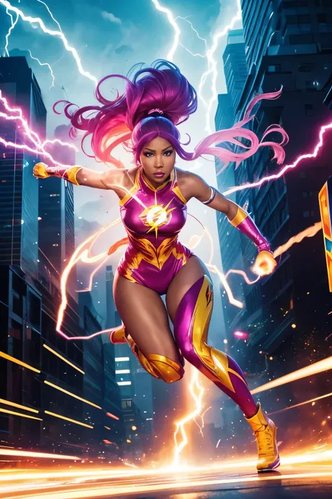 Nicki Minaj as the flash races through the streets at supersonic speeds, a trail of lightning crackling in her wake as she leaves a blur of color and energy behind her. Her vibrant costume shimmers in the sunlight, a symbol of her unstoppable determination...