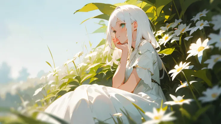 (masterpiece, best quality),1 girl with white hair sitting in a field of green plants and flowers, She put her hand under her chin, warm light, white dress, Blurred foreground