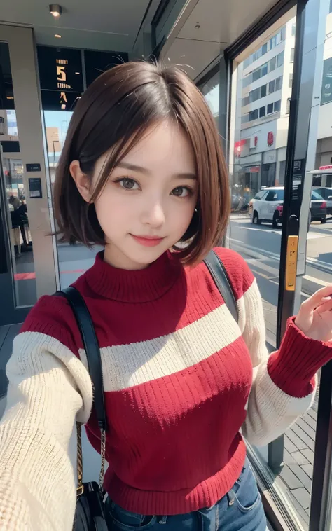 cute 21 year old japanese、clear sky、shopping、city、super detail face、pay attention to details、double eyelid、beautiful thin nose、sharp focus:1.2、Beautiful woman:1.4、(light brown hair,short hair、),pure white skin、highest quality、masterpiece、ultra high resolut...