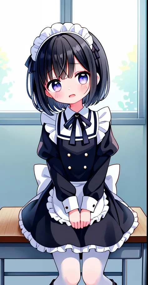 girl，short black hair，maid outfit，Black lace-up boots，white pantyhose，blush害羞，classroom scene，恶魔maid outfit，Black lace-up boots，white pantyhose，blush害羞，classroom scene，girl，short black hair，((absurd)), ((on the table)), (best quality), (lens flare), (Super...