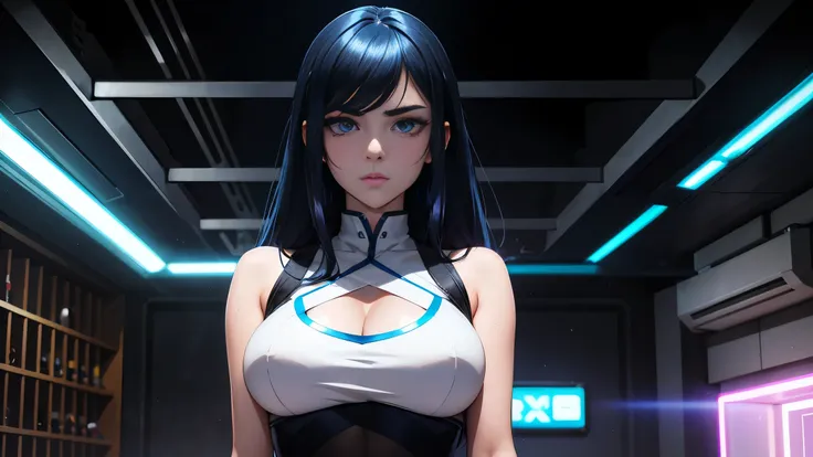 cool synthwave anime girl , dark blue hair , blue eyes , rainy time , underground dance club , whole body shot, big brest, (Perfect thick white eyebrows) Delicate fur, 详细s face, s the perfect face, At a in an underground dance club , (Drink a glass of wine...